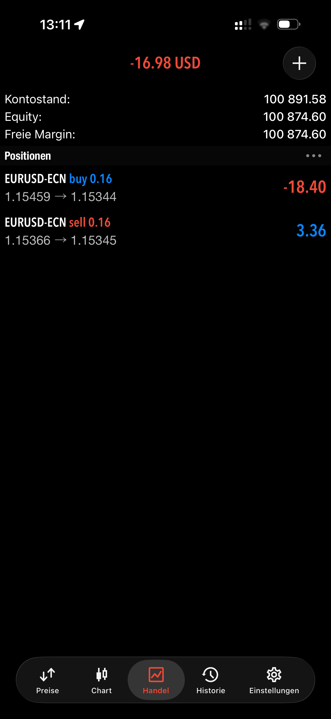 MetaTrader 5 app showing two open EURUSD grid positions on a member account
